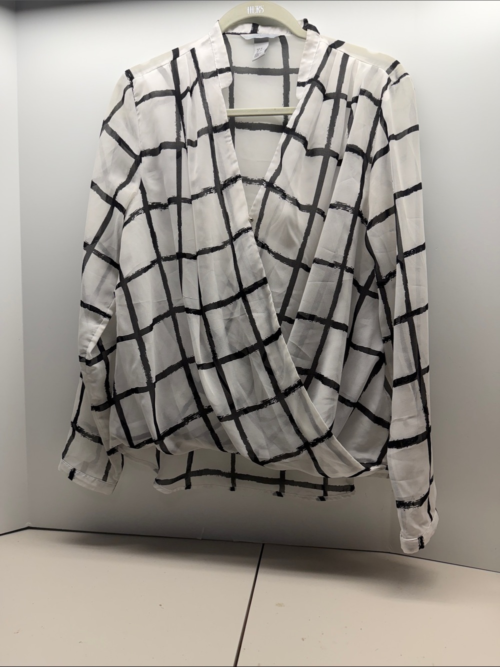 H&M White Wrap Blouse with Black Windowpane Grid. Size 14